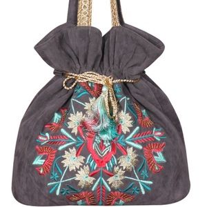 Gray Embroidered Drawstring Hobo Bag-Boutique-NWT